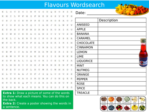 Food Flavours Wordsearch Puzzle Sheet Keywords Settler Starter Cover Lesson Food Technology