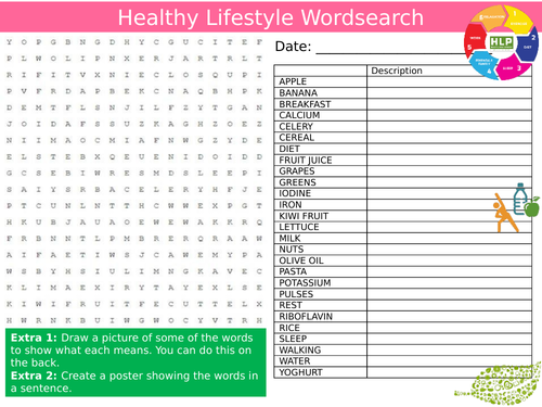 Healthy Foods & Lifestyle Wordsearch Puzzle Keywords Settler Starter Cover Lesson Food Technology