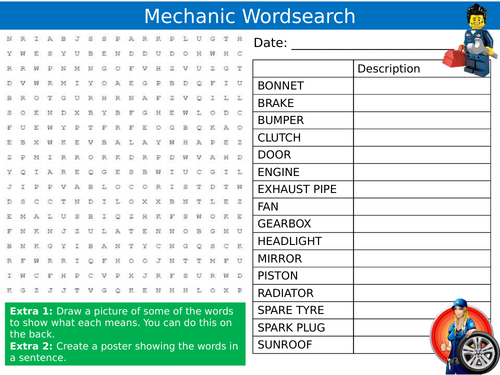 Mechanic Wordsearch Puzzle Sheet Keywords Settler Starter Cover Lesson Jobs Careers