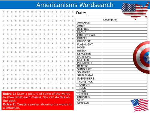 Americanisms Wordsearch Puzzle Keywords Settler Starter Cover Lesson English America Language
