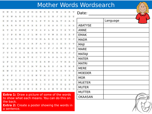 Words for Mother Wordsearch Puzzle Sheet Keywords Settler Starter Cover Lesson Languages Day