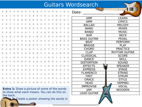 Guitars Wordsearch Puzzle Sheet Keywords Settler Starter Cover Lesson Music Instruments