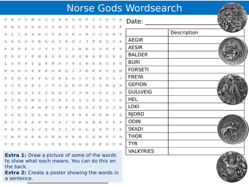 Norse Gods Wordsearch Puzzle Sheet Keywords Settler Starter Cover Lesson Viking Mythology