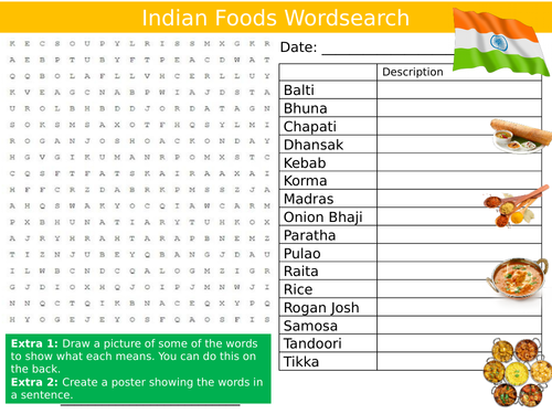 Indian Foods Wordsearch Puzzle Sheet Keywords Settler Starter Cover Lesson Food Technology India