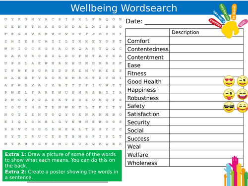 Wellbeing Wordsearch Puzzle Sheet Keywords Settler Starter Cover Lesson PSHE Happiness Health