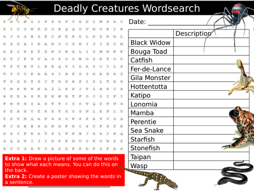 Deadly Creatures Wordsearch Puzzle Sheet Keywords Settler Starter Cover Lesson Animals