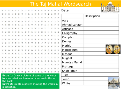 The Taj Mahal Wordsearch Puzzle Keywords Settler Starter Cover Lesson Religious Building RE India