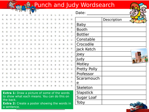 Punch and Judy Wordsearch Puzzle Sheet Keywords Settler Starter Cover Lesson Puppets Cartoon