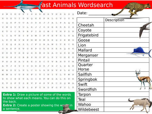 Fastest Animals Wordsearch Puzzle Sheet Keywords Settler Starter Cover Lesson Nature Teaching Resources