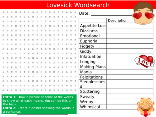 Lovesick Wordsearch Puzzle Sheet Keywords Settler Starter Cover Lesson Love Valentines Day Feelings