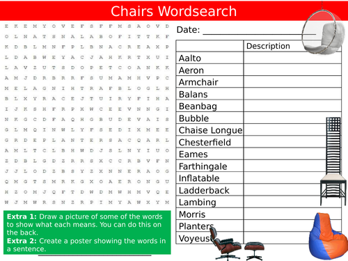 Famous Chair Design Wordsearch Puzzle Sheet Keywords Settler Starter Cover Lesson Technology