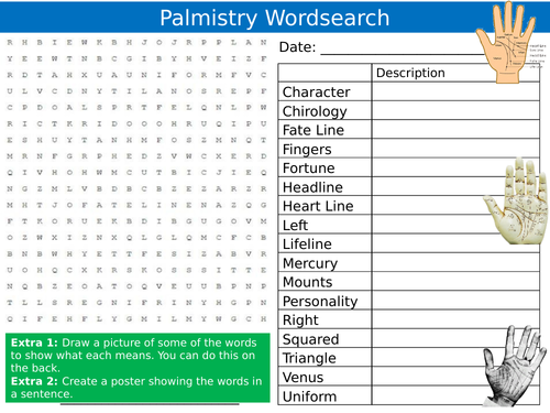Palmistry Wordsearch Puzzle Sheet Keywords Settler Starter Cover Lesson ...