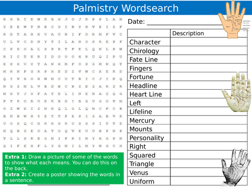 Palmistry Wordsearch Puzzle Sheet Keywords Settler Starter Cover Lesson Beliefs Horoscopes