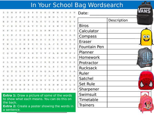 In Your School Bag Wordsearch Puzzle Keywords Settler Starter Cover Lesson Back To School Equipment