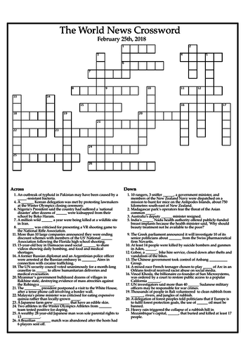 The World News Crossword February 25th 2018 Teaching Resources
