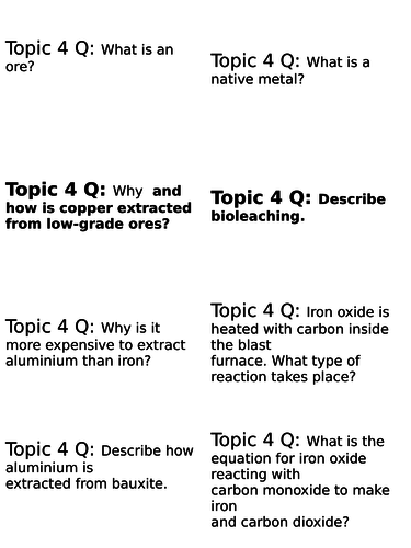 Edexcel 9-1 TOPIC 4 EXTRACTING METALS AND DYNAMIC EQUILIBRIUM PAPER 1 REVISION CARDS Q and ANS