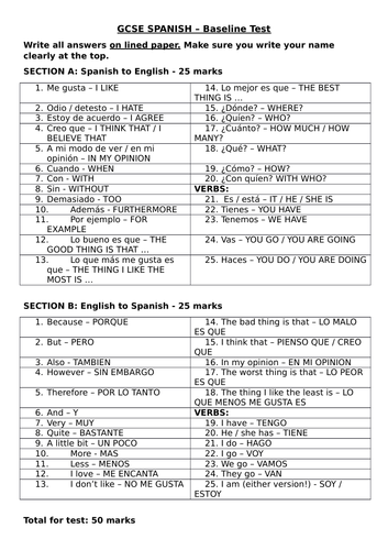 Baseline test for KS4 Spanish - vocabulary sheet and test