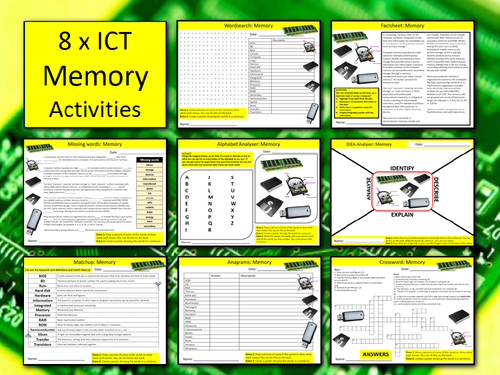 8 x Computer Memory Activities ICT Computing Keywords KS3 GCSE Wordsearch Crossword Cover