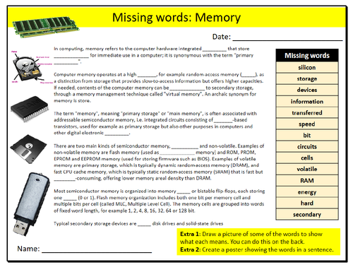 Computer Memory Missing Words Cloze Sheet ICT Computing Starter Activity Keywords KS3 GCSE Cover