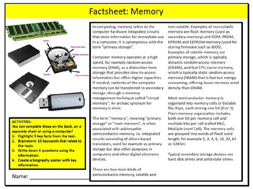 Computer Memory Factsheet Worksheet ICT Computing Starter Activity Keywords KS3 GCSE Cover
