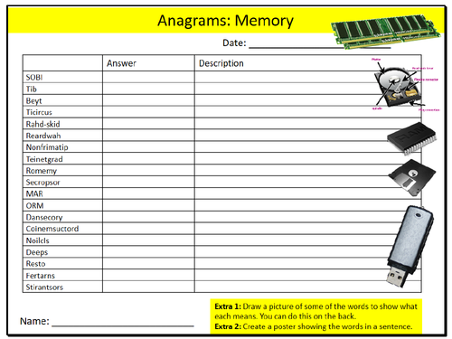 Computer Memory Anagrams Puzzle Sheet ICT Computing Starter Activity Keywords KS3 GCSE Cover