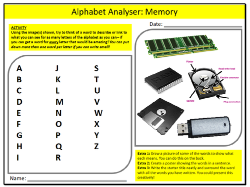 Computer Memory Alphabet Analyser Sheet ICT Computing Starter Activity Keywords KS3 GCSE Cover