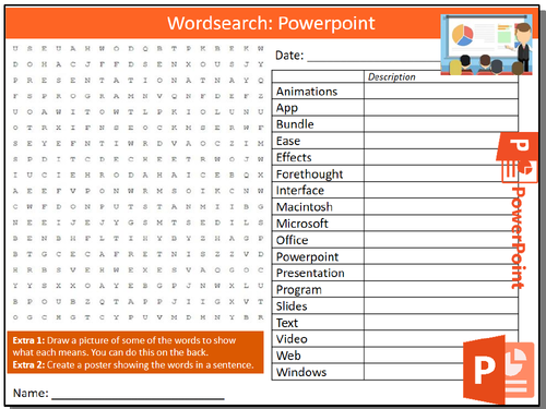 Microsoft Powerpoint Wordsearch Puzzle Sheet ICT Computing Starter Activity Keywords KS3 GCSE Cover