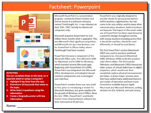 Microsoft Powerpoint Factsheet Worksheet ICT Computing Starter Activity Keywords KS3 GCSE Cover