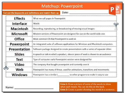 Microsoft Powerpoint Definition Matchup Sheet ICT Computing Starter Activity Keywords KS3 GCSE Cover