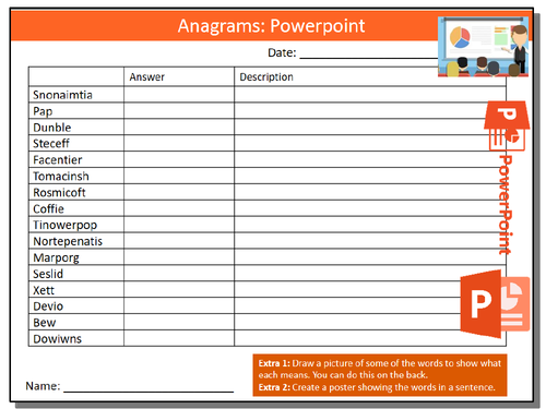 Microsoft Powerpoint Anagrams Puzzle Sheet ICT Computing Starter Activity Keywords KS3 GCSE Cover