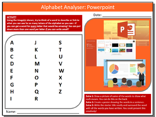 Microsoft Powerpoint Alphabet Analyser Sheet ICT Computing Starter Activity Keywords KS3 GCSE Cover