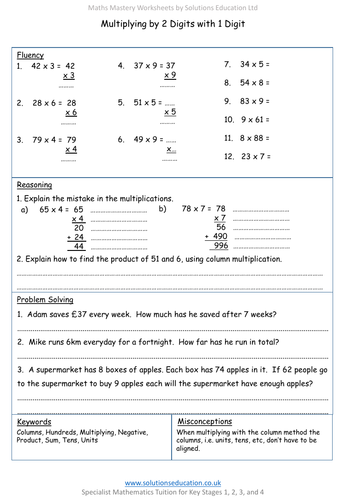 Multiplying 2 Digits with 1 Digit Mastery Worksheet