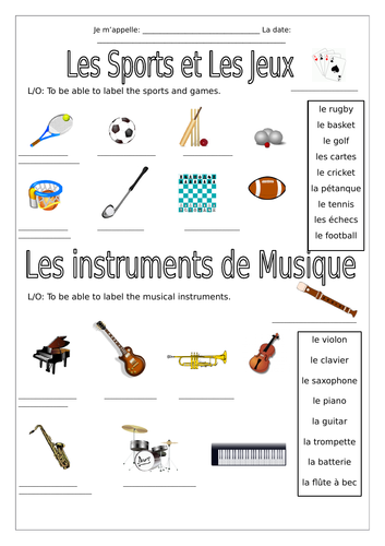 FRENCH - SPORTS, GAMES & MUSICAL INSTRUMENTS - WORKSHEETS