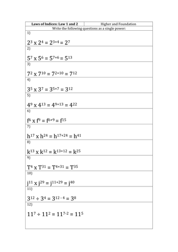 GCSE Maths - Laws of Indices - Bumper Pack of Worksheets for all laws with answers.