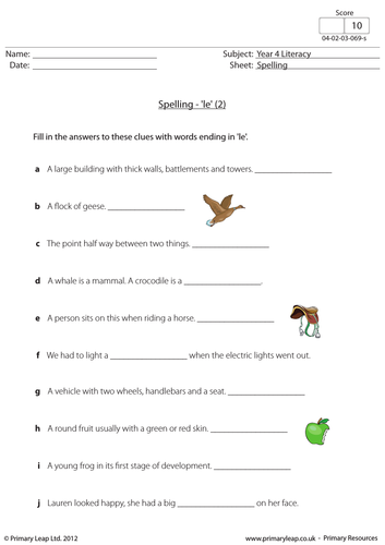 KS2 English Resource: Spelling - 'le'