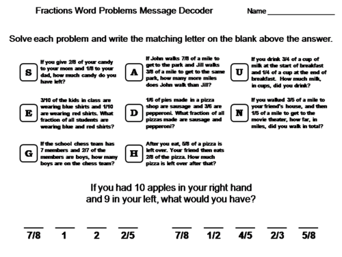 Fractions Word Problems Worksheet: Math Message Decoder