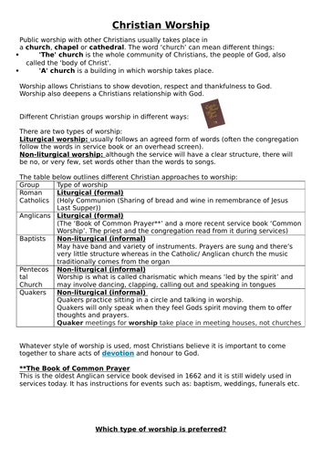 AQA 9-1 Religious Studies: Christian Practices- Worship