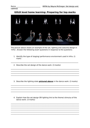 GCSE Dance Infra Set Deisgn and Lighting Differentiated Worksheet