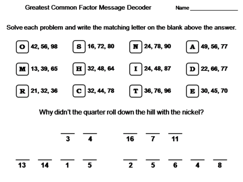 Greatest Common Factor Activity: Math Message Decoder