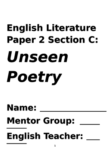 Year 10 and Year 11 Unseen Poetry AQA 8702 Paper 2 Section C