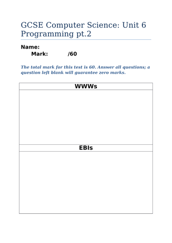 AQA Computer Science 8520 Programming Written Assessment Test