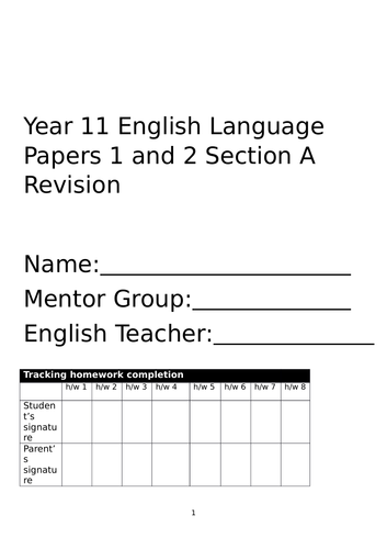 AQA Year 10 and Year 11 KS4 English Language Section A Homework Revision Pack