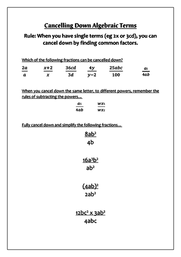 Cancelling Down Algebraic Terms -Simple