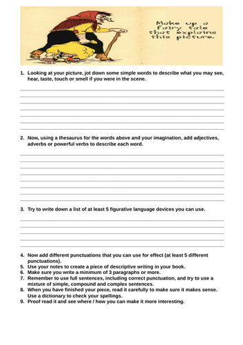 Fairy tale creative writing step by step guide with a visual prompt to help encourage students