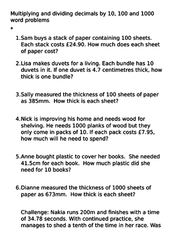 dividing by 10 100 and 1000 problem solving year 5