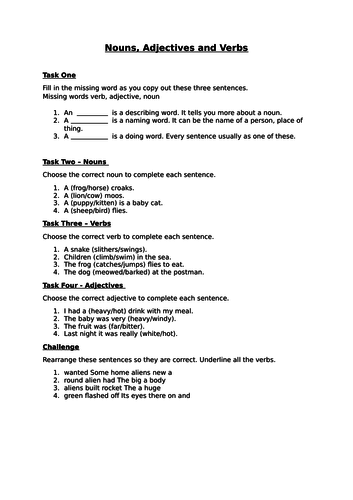 nouns adjectives and verbs teaching resources