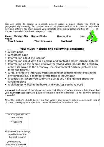 Fantastic Places Research Homework  Guidance Sheet