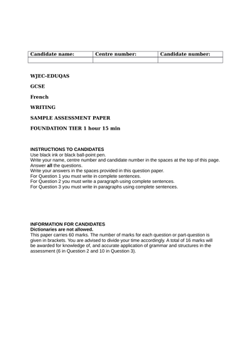 Writing sample exam paper- Eduqas-WJEC New GCSE Foundation Tier