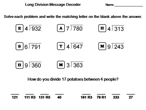 Fourth Grade Long Division with Remainders Activity: Math Message Decoder