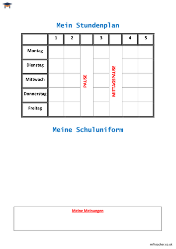 German - School timetable, uniform & opinions worksheet